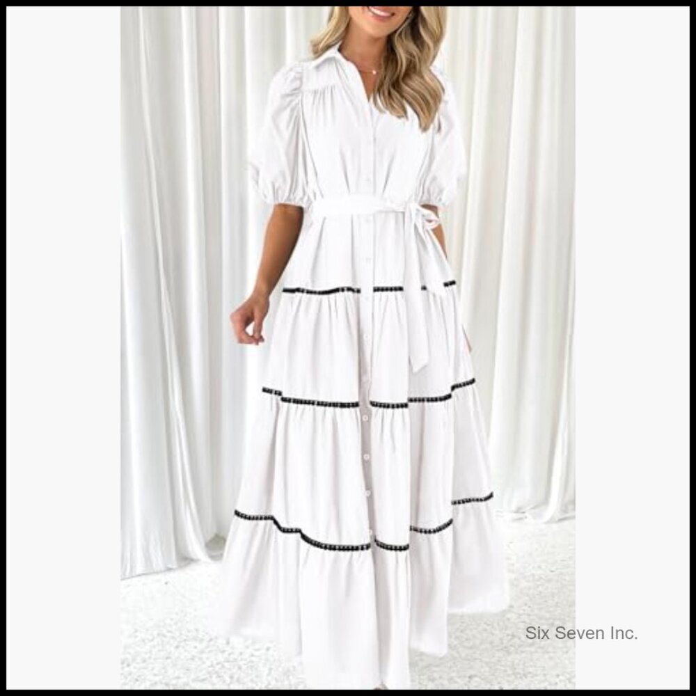 Viscose Polyester Polyamide Maxi Dress with Puffy Sleeves and Pockets - Picture 3 of 7